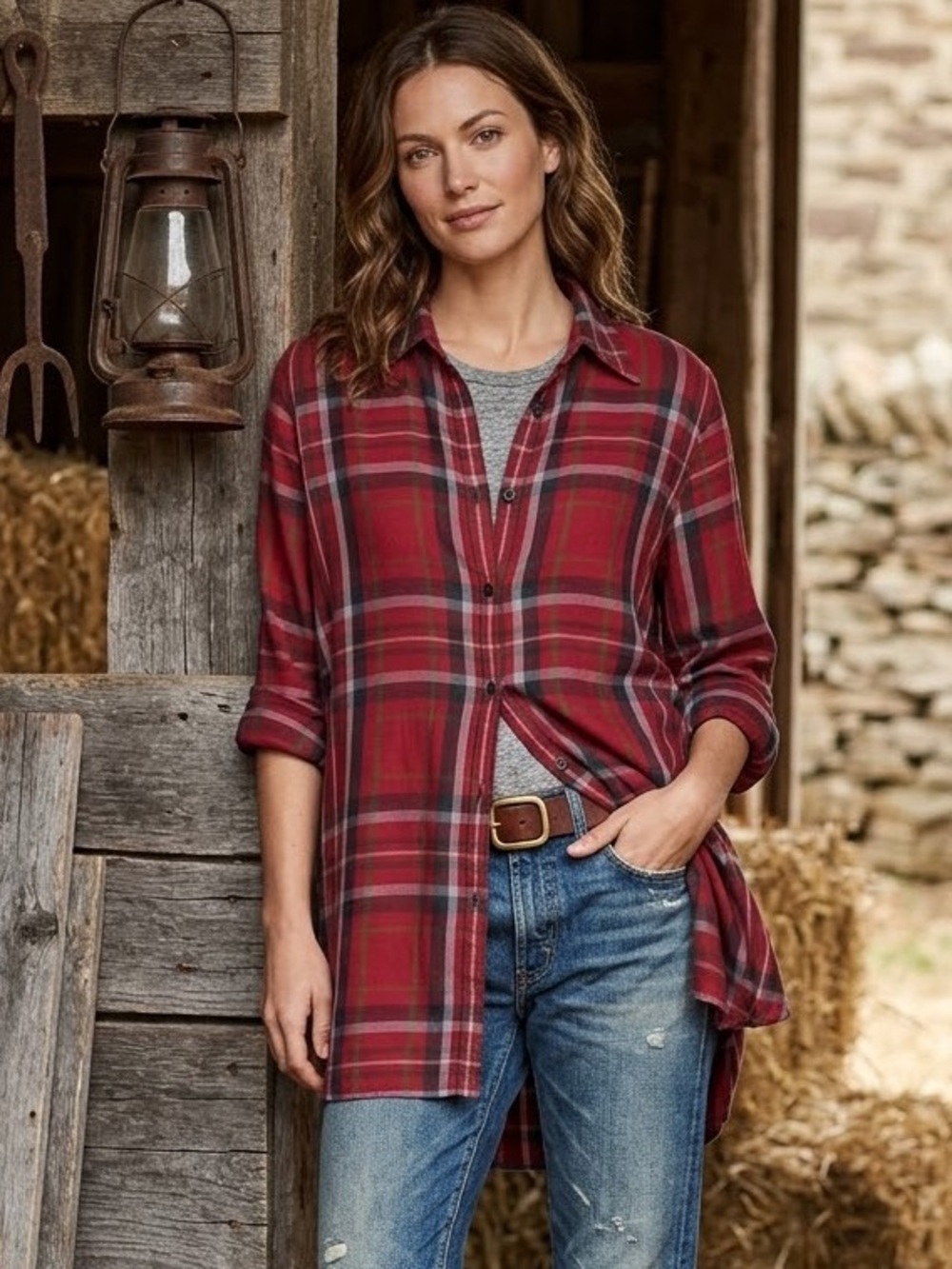 Lauren Ralph Lauren Burgundy Tartan Plaid Rayon Tunic Tab Sleeves Size M